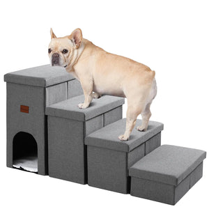 JOLLYVOGUE Dog Steps for Small Dogs Cat Stairs with Storage Non-Slip Dog Steps for Beds Couches Folding Pet Stairs Helper for High Beds Dog Ramp for Small Dogs and Cats or Pets Friendly 4-Tiers