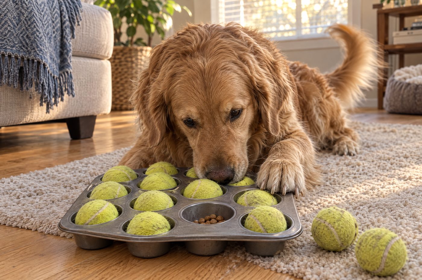 A golden retriever working out a muffin-tin puzzle