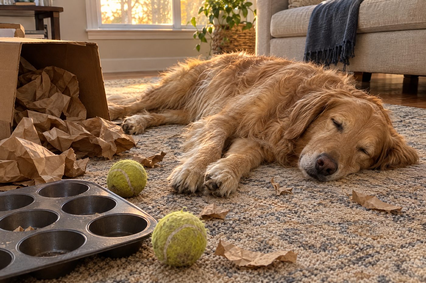 A golden retriever asleep beside an empty muffin tin and a cardboard box