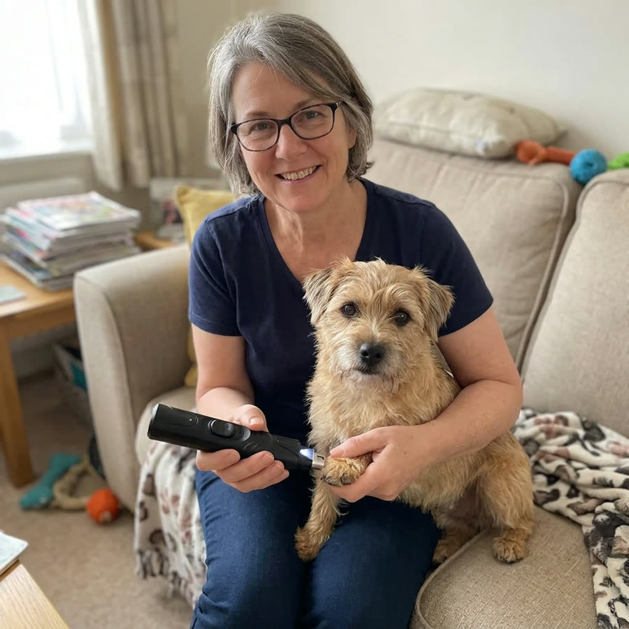 QuietTrim LED grinding a relaxed dog’s nail at home