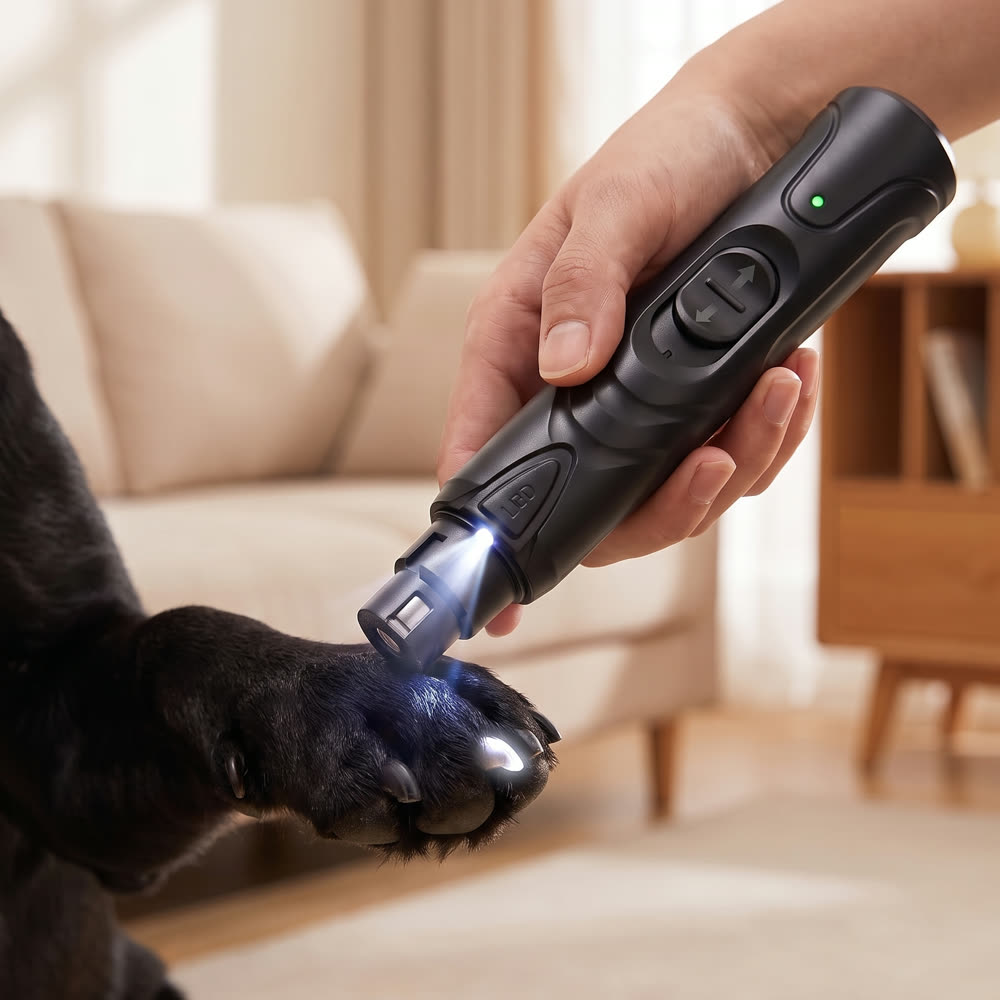 QuietTrim LED lighting up a black nail so you can see where to stop