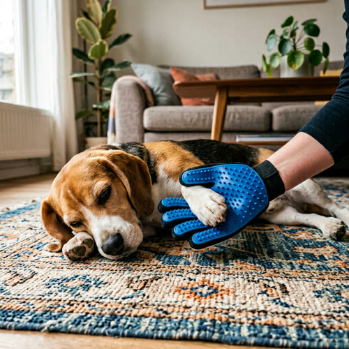 Grooming glove on a relaxed dog