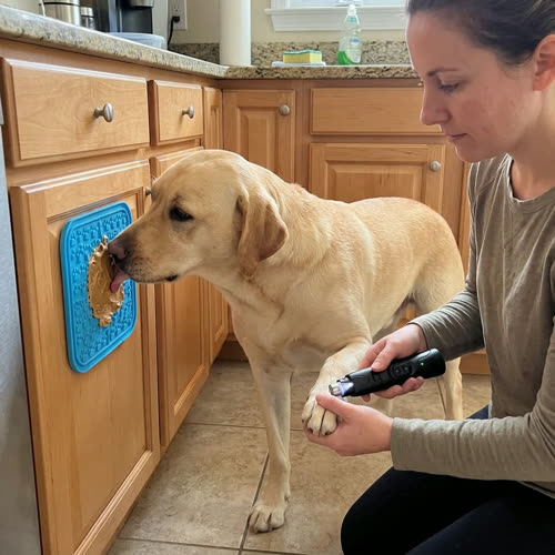Dog licking a lick mat during a nail trim